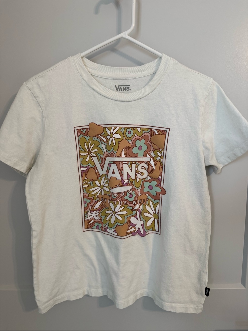 Vans White Floral Graphic Tee Medium Retro Mushroom Flower Logo T-Shirt